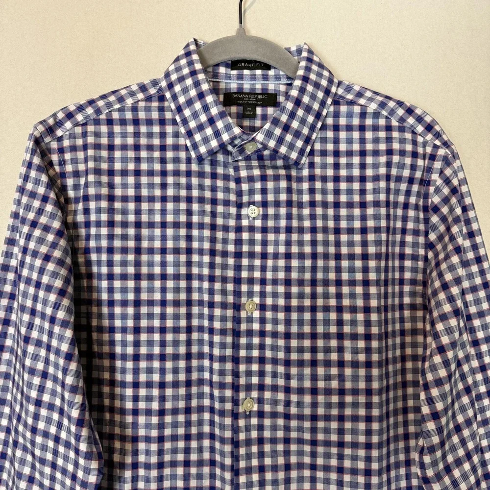 Banana Republic‎ Dress Shirt Mens Medium Blue Gingham Grant Fit Non Iron Stretch